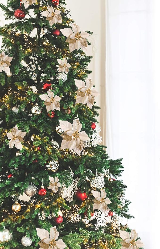 Boao 24 Pieces Christmas Artificial Glitter Poinsettia Flowers Xmas Flowers Wedding Christmas Tree New Year Ornaments(Gold)