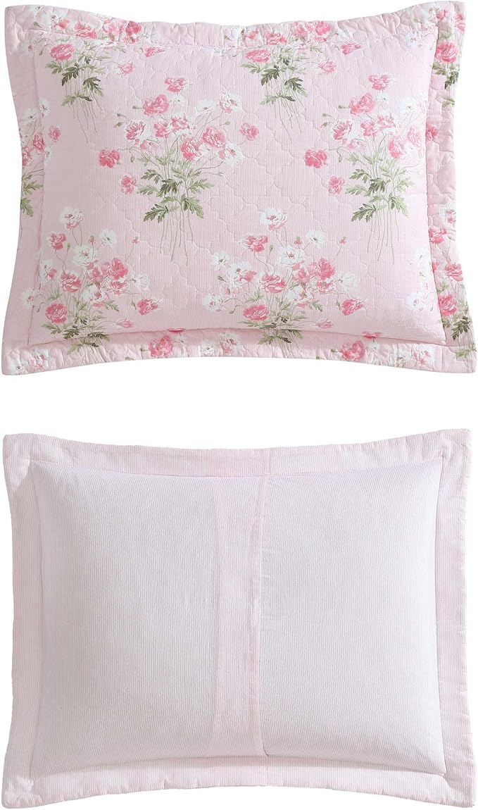Laura Ashley - King Quilt Set, Reversible Premium Bedding with Matching Shams, Coquette Room Decor (Veronicas Bouquet Pink, King)
