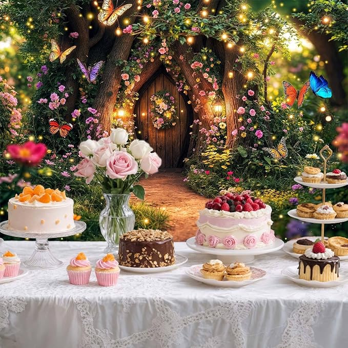 5X3ft Enchanted Forest Backdrop Fairy Tale Garden Wonderland Floral Butterfly Photography Background for Kids Girl Baby Shower Birthday Party Decoration Banner Cake Table Photo Booth Props