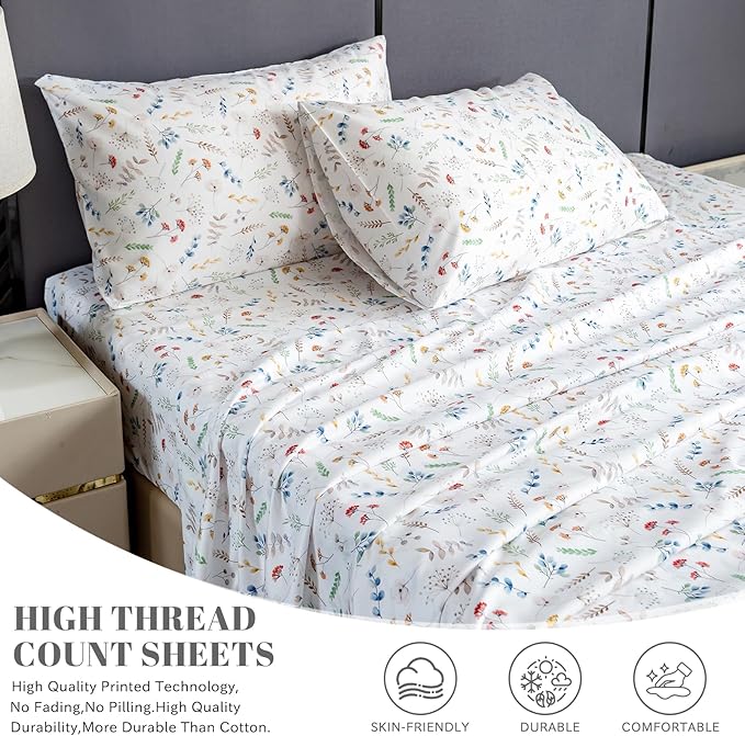 Bedlifes Full Sheet Set Ultra Soft, Breathable, Silky Flower Deep Pocket 100% Microfiber Bedding, 4 Piece Full Size White Floral
