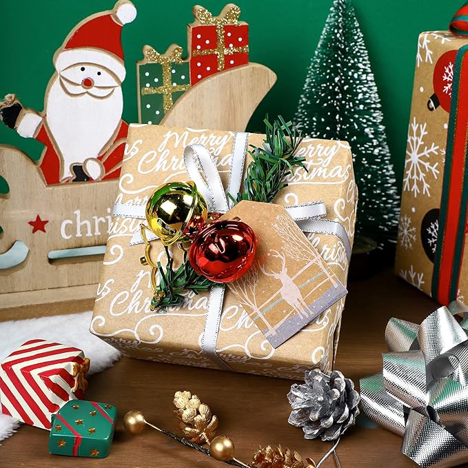 RUSPEPA Christmas Wrapping Paper, Kraft Paper - Santa Claus, Snowflake, Christmas Ball and Merry Christmas - 4 Rolls - 30 inches x 10 feet per Roll