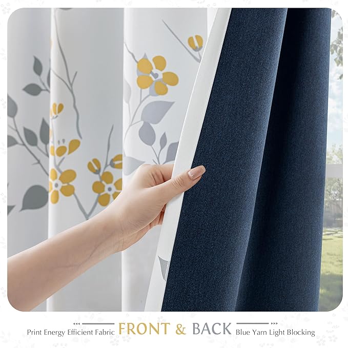Beauoop Floral 100% Blackout Curtains 84 Inches Long 2 Panels for Bedroom Living Room Yellow Grey and White Flower Patterned Room Darkening Thermal Soundproof Rod Pocket Back Tab Window Drapes, 52X84