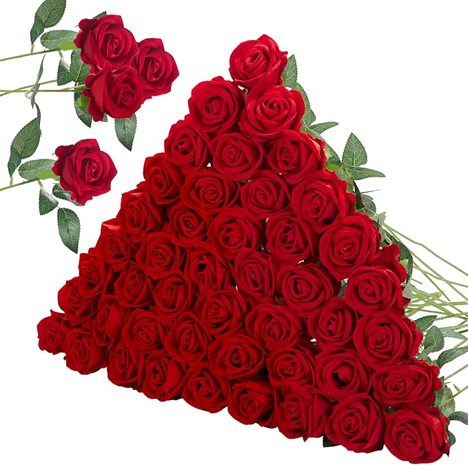 InnoGear 50 Pcs Red Roses Artificial Flowers, Fake Velvet Silk Rose Bulk Faux Flower for Decoration DIY Wedding Centerpieces Proposal Bridal Bouquets Shower Party Home Floral Decor (50, Red)