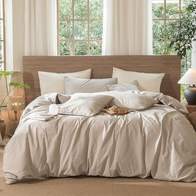 MooMee Wavy Striped Duvet Cover Set 100% Washed Cotton Linen Like Textured Breathable Durable Soft Comfy (Beige, Oversized King Plus 128"x120")