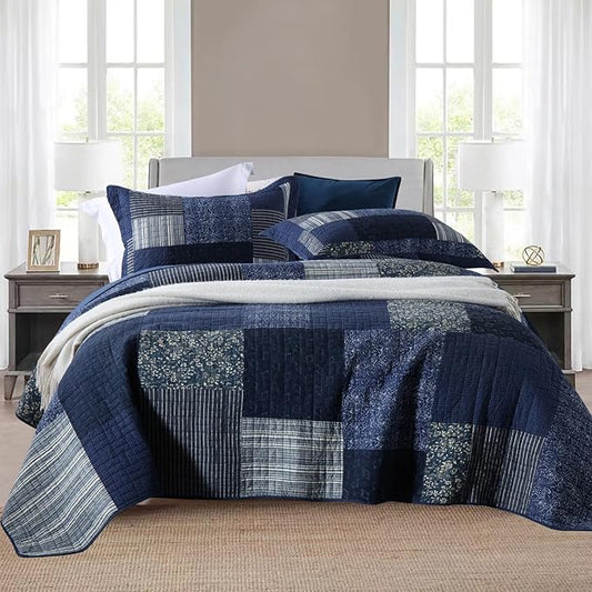 Yvooxny Quilts King Size Reversible Lightweight Bedspread 3-Piece Quilt Set Plaid Floral Patchwork 100% Cotton King Quilt Set Bedding Set with Pillow Shams for All Seasons, Azure Blue, 98x106''