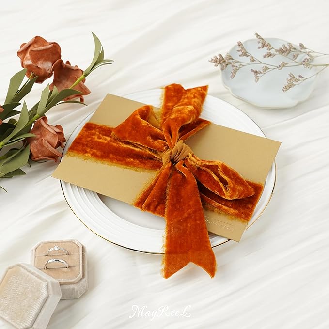 MAYREEL Terracotta Velvet Ribbon 2 Inch Hand Torn Burnt Orange Silk Frayed Edge Ribbon for Thanksgiving Bridal Bouquets Invitations Wedding Vow Books Gift Baskets 3 Yards