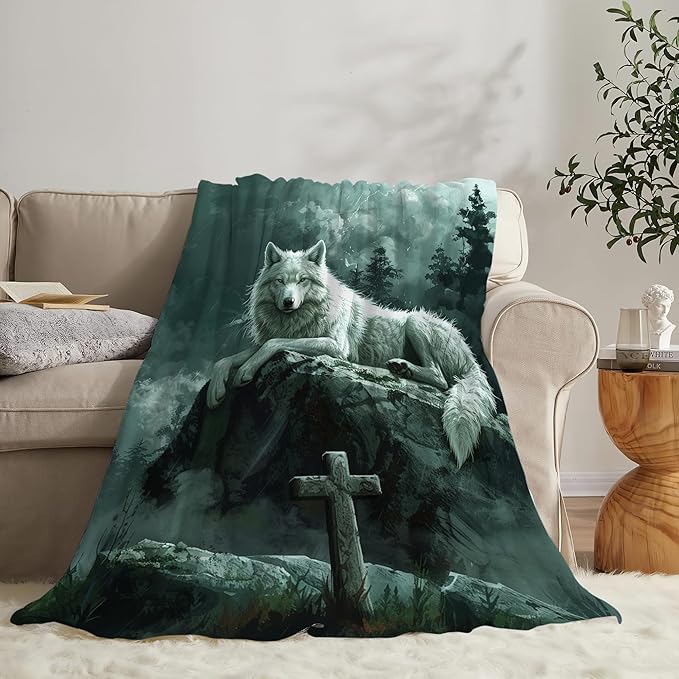Wolf Christian Throw Blanket for Women Men Adults - Soft Warm Cozy Fleece for Couch Sofa Bed - Wolf Gifts and Decor - 60"x50"