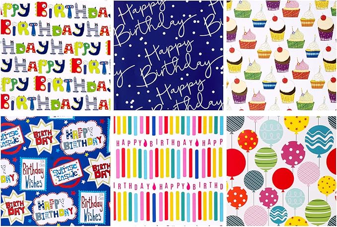 WRAPAHOLIC Birthday Wrapping Paper Sheet - 6 Sheets Balloon and Happy Bday Lettering Design Folded Flat for Birthday, Party, Baby Showers - 19.7 Inch X 27.5 Inch Per Sheet