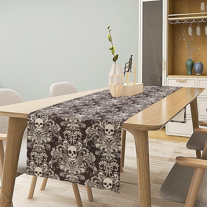Gothic Table Runner,Damask Skull Victorian Black Floral Boho Table Runner for Home Kitchen Table Dining Garden Farmhouse Wedding Party Decor 13x90 Inch
