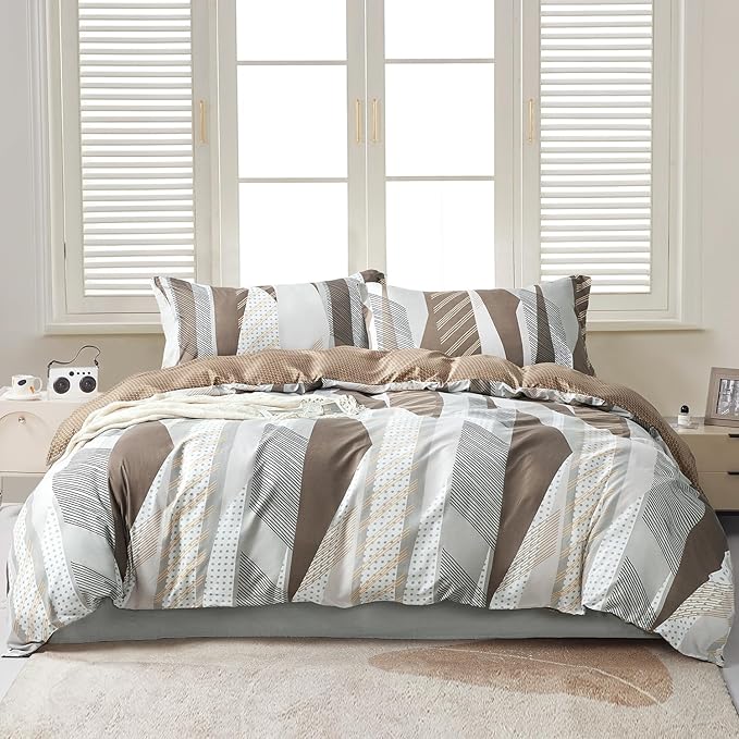 SAPHREAS Dot Stripes Geometric Pattern Duvet Cover Set King Size Microfiber Brown Khaki White Patchwork Bedding Comforter Cover Set 1 Duvet Cover 2 Pillow Shams