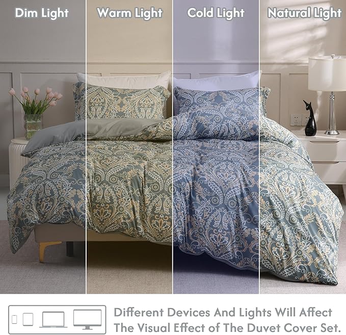 LONAVA King Paisley 3 Pcs Duvet Cover Set, Breathable Soft Microfiber Grey Lining Comforter Cover with Zipper Closure, and 2 Anti-Pilling, Fade Resistant Pillowcases, Green Pasliey