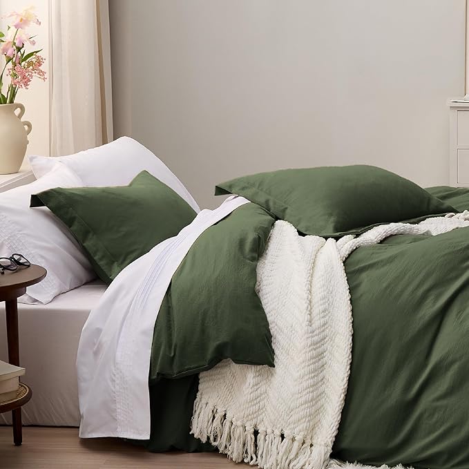 Bedsure Olive Green Duvet Cover Full Size - 3 Pieces Prewashed Extra Soft Cotton-Like Bedding Set, Includes 1 Duvet Cover 80x90 Inches with Zipper Closure & 2 Pillow Shams, Comforter Not Included