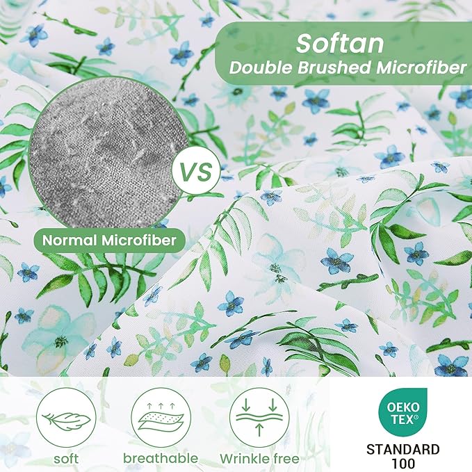 Softan Green Floral Queen Sheet Set, Cozy Botanical Microfiber Printed Fitted Bed Sheet with 15" Deep Pockets & Non-Slip Straps, Fresh Greenery Blooms Patterned Sheets & Pillowcase Set