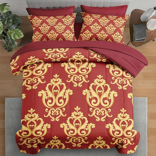 Comforter Set King Size, Vintage Floral Gold 7 Pcs Bedding for Kids and Adults, Medieval Burgundy Red Bed Sheet Sets with Fitted Sheet 2 Pillowcase & 2 Sham for Bedroom Bed Decor
