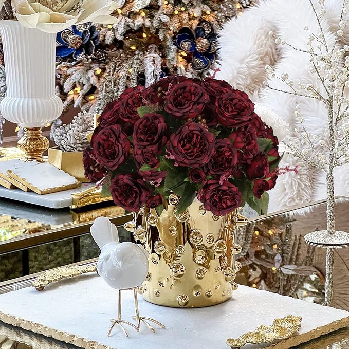 Artificial Peonies Silk Flowers, Burgundy Faux Peony Bouquet 4 Bundles Florals Arrangements for Farmhouse Home Boho Wedding Table Centerpiece, Fake Plastic Flowers Bulk for Vase Decoration (Burgundy)