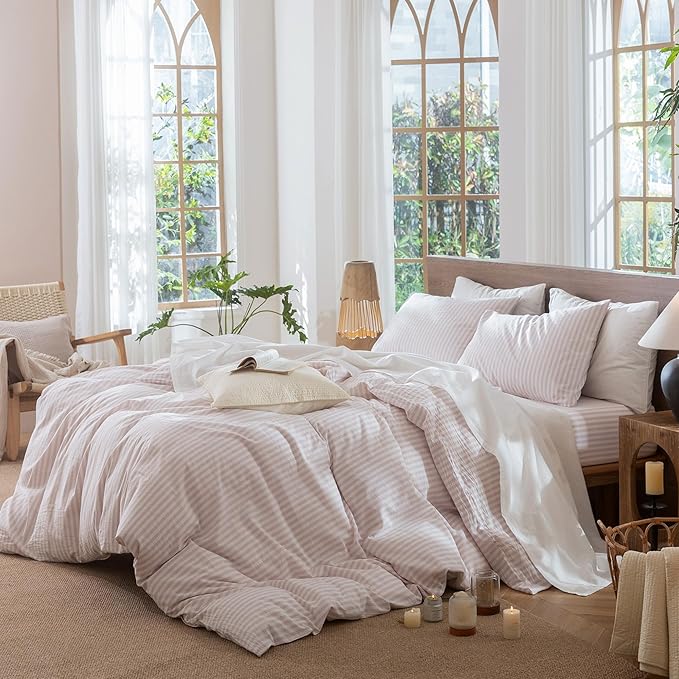 MooMee Striped Duvet Cover Set 100% Washed Cotton Linen Like Textured Breathable Durable Soft Comfy (Heathered Greyish Pink Classic Stripes, Cal King 104"x98")