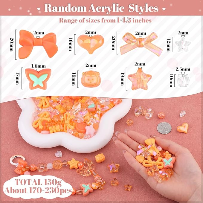 Assorted 200-260PCS Orange Acrylic Beads for Bracelet Making, Flower Bow Candy GummyBear Bracelet Charms,Cute Beads for Jewelry Making DIY Necklace Keychain Phone Charm Christmas Gift