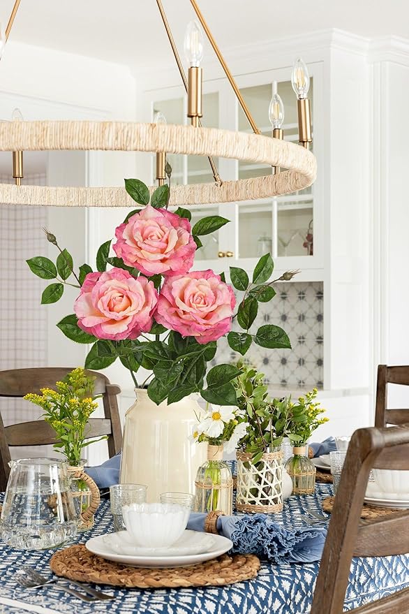 Hollyone 3Pcs Light Pink Roses Artificial Flowers Bouquets 26.3" Fake Flower Arrangements Silk Flowers Rose with Long Stem Floral Branch Faux Roses Flowers for DIY Table Centerpieces Home Decor