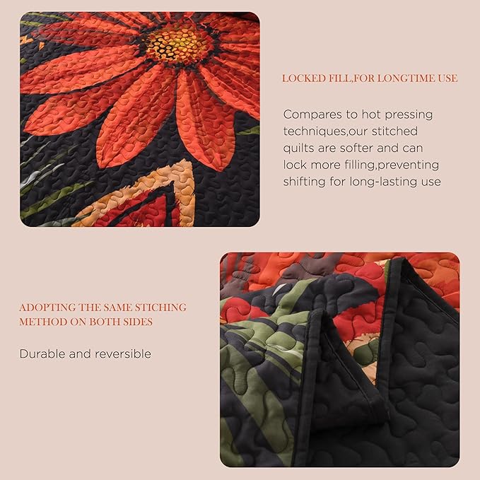Andency Floral Boho California King Quilt Bedding Set Black, 3 Pieces Farmhouse Flower Botanical Summer Oversized King Bedspreads, Soft Reversible Lightweight Microfiber Coverlet Set, 104"x112"