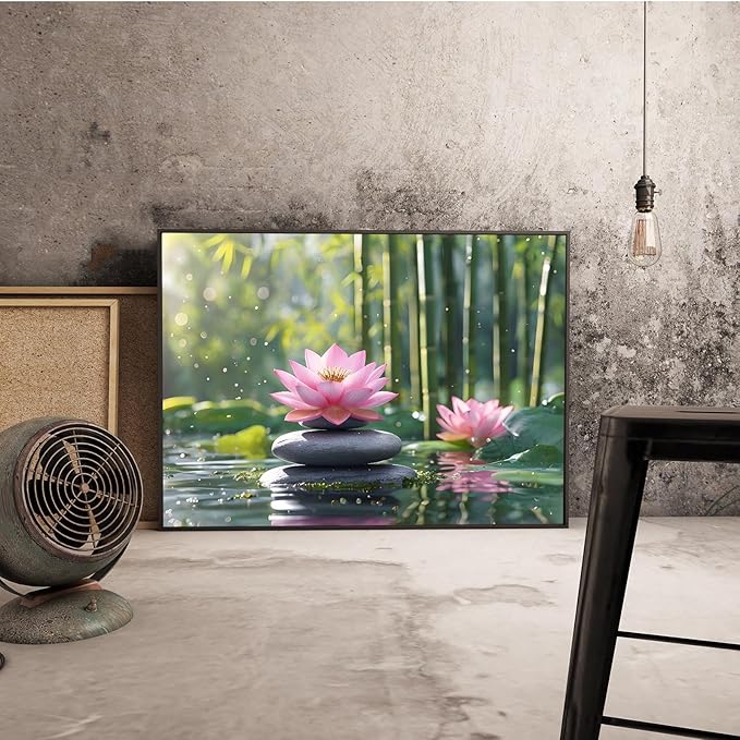 Ethereal pink lotus on obsidian Sunlit bamboo forest with sparkling water drops Poetic nature inspired wall art for tranquil homes and mindful spaces 8x12in Metal blackFramed