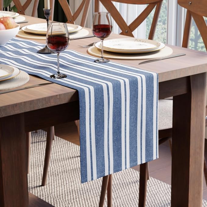 Encasa XO Cotton Dining Table Runner | Franca Blue Stripes | Size 13x104 in - Machine Washable & Durable