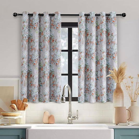 MYSKY HOME Floral Curtains 45 Inch Length for Living Room Bedroom, Bathroom Thermal Insulated Grommet Vintage Flower Orange Curtains Decorative Curtain,2 Panels