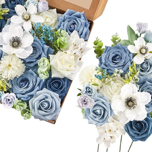 Serwalin Artificial Flowers, Dusty Blue Silk Fake Flowers Cake Flower for Wedding Bouquet Table Centerpieces Arrangements Party Baby Shower Home Decor Floral Arrangement