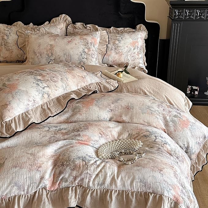 VM VOUGEMARKET Full Duvet Cover with Romantic Ruffles Breathable Muslin Cotton,Soft Textured Gauze Weave Comforter Cover with Zip Closure and Corner Ties- 80"x90"