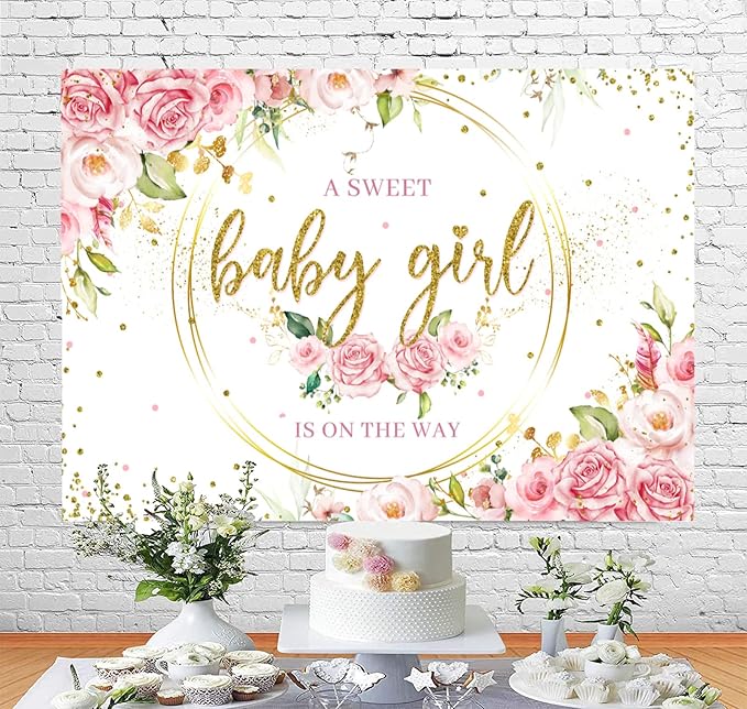 Sensfun Glitter Gold Pink Floral Baby Girl Baby Shower Backdrop Banner Decorations,Watercolor Flower Its a Sweet Baby Girls Baby Shower Party Decor Photography Background Photo Booth Shoot Props 5x3ft
