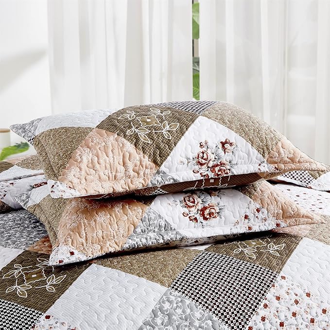 Dinjoy Floral Plaid Patchwork Quilt Set Twin Size, Reversible Brown Bedding Set Soft Microfiber Lightweight Bedspread Coverlet 3 Piece Fall Autumn Summer Use (68x86 inches)