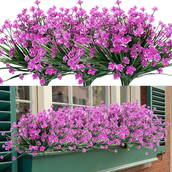 4 Bundles Artificial Flowers, Fake Artificial Greenery UV Resistant No Fade Faux Plastic Plants for Wedding Bridle Bouquet Indoor Outdoor Home Garden Kitchen Office Table Vase (Fuchsia)
