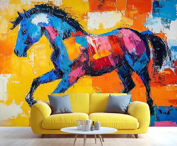 Abstract Horse Wall Mural, Colorful Horse Art 3D Wall Murals, Bold Abstract Animal Wallpaper Mural, for Living Room Bedroom Large Wallpaper Indoor Decor 98.4" W x68.9 H