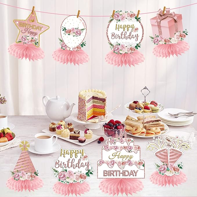 Pink Rose Gold Birthday Decorations Floral Honeycomb Centerpieces for Women Girls, 8pcs Floral Birthday Table Centerpiece Party Supplies, 16th 18th 21th 30th 40th 50th 60th Bday Table Topper