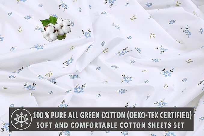 RUVANTI 100% Cotton King Size Sheets Set, 4 Pieces, Soft & Breathable Percale Weave Bedding, Deep Pocket 16", Hotel Standard, Crisp Cool Feel, Durable, Perfect Floral Bed Sheet, Phulkari