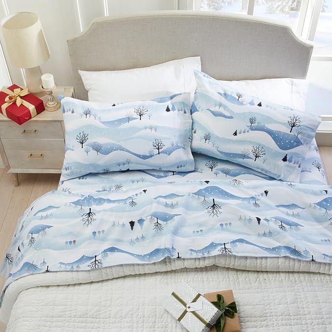 Market & Place 100% Cotton Queen Flannel Sheet Set | 4 Piece Deep Pocket Novelty Cozy Winter Bed Sheets | Double Brushed for Extra Softness & Comfort | Alpine Collection (Queen, Winter Landscape)