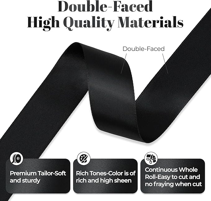 Black Satin Ribbon, Double Faced 7/8 Inch X 25 Yards Black Ribbon, Premium Satin Ribbon for Gift Wrapping, Crafts, Hair Bow Making, Sewing, Flower Bouquet, Wedding Party Decor