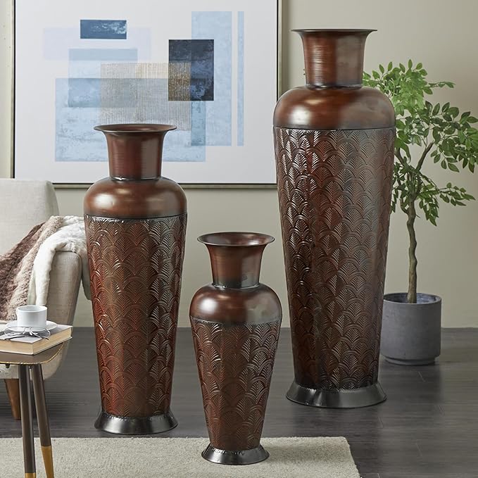 Deco 79 Metal Decorative Vase Tall Centerpiece Vases with Geometric Designs, Set of 3 Vases for Home Decoration 53", 40", 27" H, Dark Brown