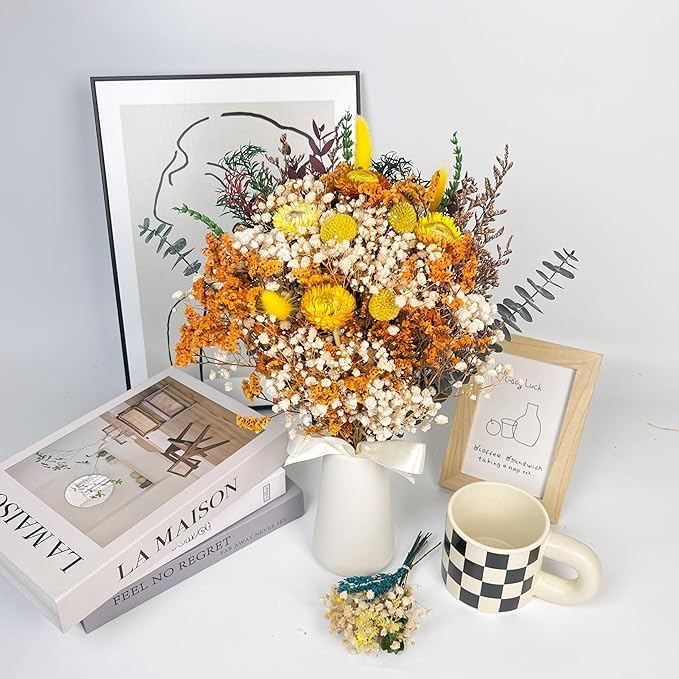 Handmade Dried Flower Bouquet – Natural Orange & Yellow Floral Arrangement with Baby’s Breath, Craspedia, and Eucalyptus – Rustic Boho Style for Home Decor, Weddings, Fall Decor