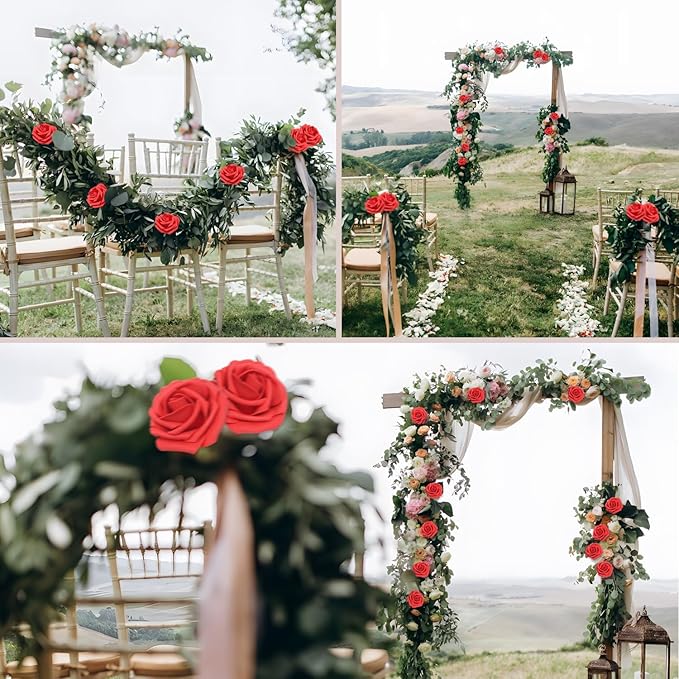 100Pcs Red Artificial Flowers Red Roses Real Looking Foam Fake Roses with Leaves and for DIY Wedding Bouquets Bridal Shower Centerpieces Party Decorations (Red, 100)