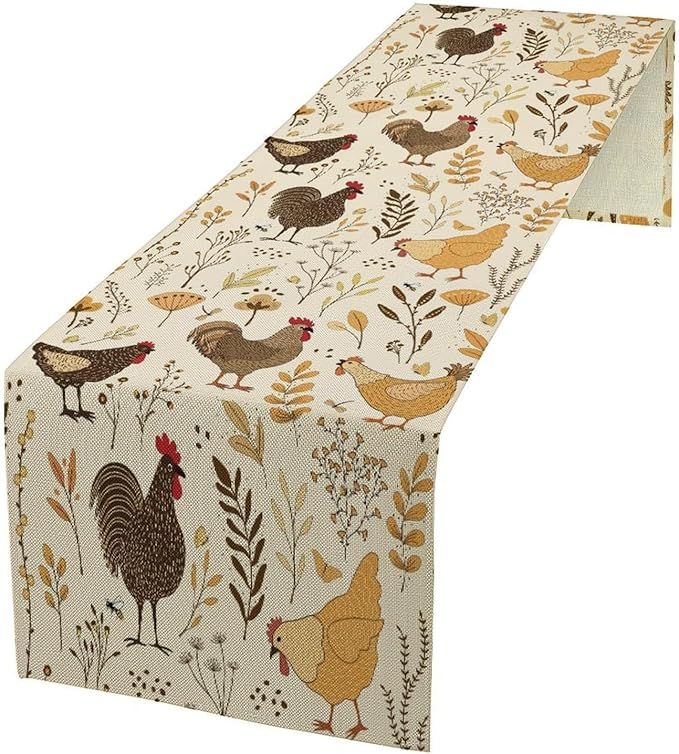 Farmhouse Rooster Table Runner, Rustic Farm Animals Cute Cartoon Chicken Floral Dinner Runner for Farmhouse Home Kitchen Dinner Table Holiday Party Decoration 13x60in