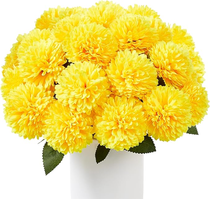 SITUMEIZI 12 Pcs Yellow Artificial Chrysanthemums Flowers Ball Flower Fake Mums Silk for Fall Thanksgiving Day Wedding Home Kitchen Decoration Floral Arrangement
