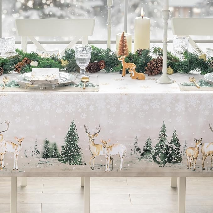 Maison d' Hermine Table Cloth Rectangle Table 100% Cotton 70 x 120 Inches Fall Tablecloth Reusable Everyday Use for Thanksgiving Christmas Decorations Dining Farmhouse Party (Deer in The Woods)