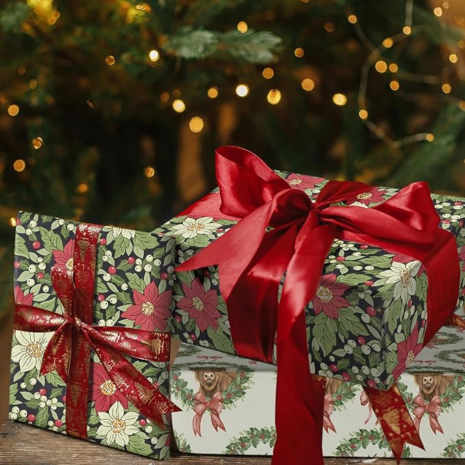 LeZakaa Vintage Christmas Floral Wrapping Paper Roll, Red White Poinsettia Flowers Leaves Classic Design, for Christmas, Winter Holiday, Family, Friends, Gift Wrapping, Mini Roll 17 in x 16.4 Ft
