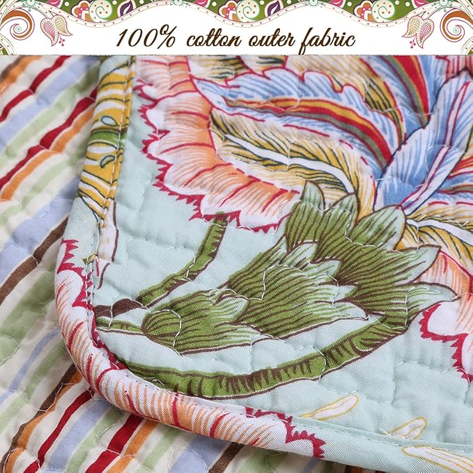Cozy Line Home Fashions Blooming Red White Floral 100% Cotton Reversible Quilt Bedding Set, Coverlet Bedspread (Camellia Green, King - 3 Piece)