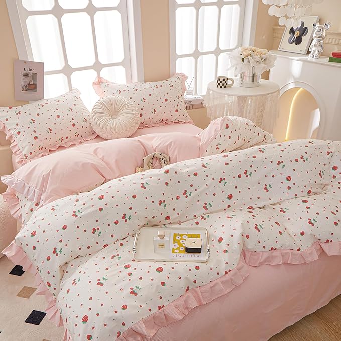 HighBuy Queen Comforter Set Strawberry Print Bedding Comforter Ruffled Lace Bedding Set Fluffy Fruit Comforters Pink Stripes Comforter Sets,1 Soft Romantic Ruffle Comforter with 2 Pillowcases