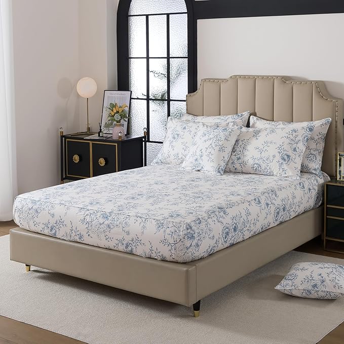 FADFAY 100% Cotton Blue Floral Bed Sheet Set, French Country Cottagecore Bedding 4Pcs, Luxury Soft Breathable Cooling Sheets with Deep Pocket Fitted Sheet, Flat Sheet & Pillowcases, Twin