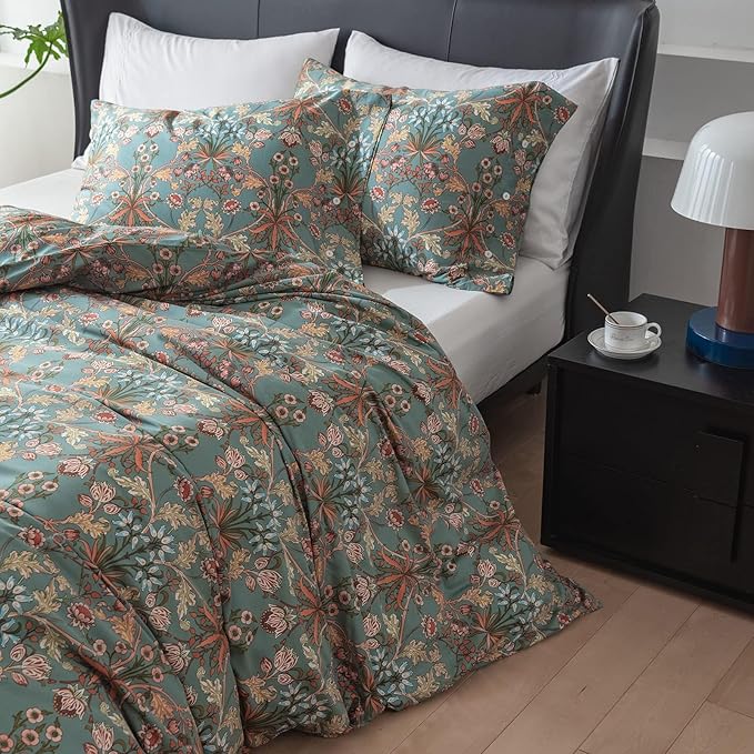 EAVD Vintage Style Botanical Floral Duvet Cover Queen Soft 100% Cotton Garden Floral Bedding Set for children,teens,adults, boys,girls,women&men Boho Floral Comforter Cover with Zipper Closure 4 Ties