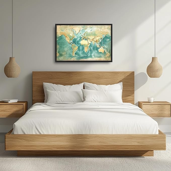 World Map Large Wall Art Framed Wall Decor for Living Room, Map Pictures Oversized Canvas Print Painting Modern Extra Large Framed Artwork for Bedroom Office Home Decor 36"x24"