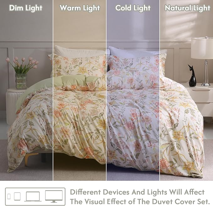 LONAVA King Floral 3 Pcs Duvet Cover Set, Breathable Soft Microfiber Glass Green Lining Comforter Cover with Zipper Closure, and 2 Anti-Pilling, Fade Resistant Pillowcases, Fall Floral