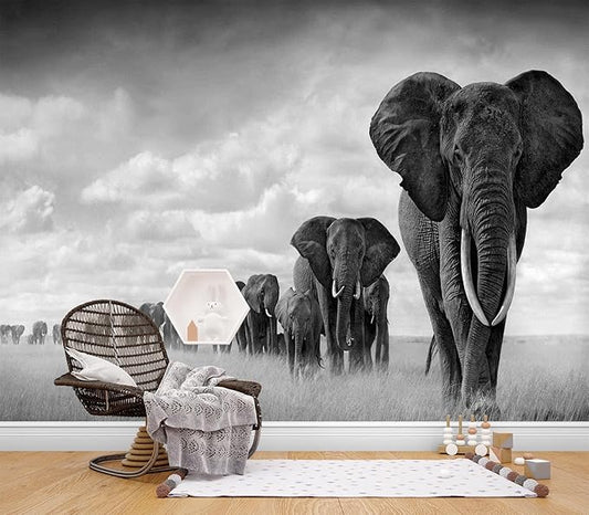 Eierme-A Herd of Elephants Walking on The African Savannah Mural Wallpaper Peel and Stick 90" x 67"